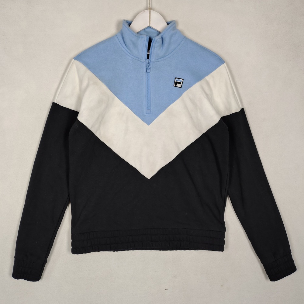 Fila Womens Small Quarter Zip Sweatshirt Blue White Black Colorblock Fleece Mock